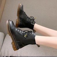 Leather Chic Round Toe Solid Color Ankle Boots - Thumbnail 4
