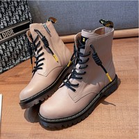 Leather Chic Round Toe Solid Color Ankle Boots - Thumbnail 1