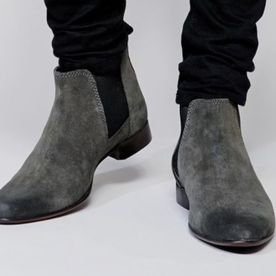 Decent gray suede two tone contrast handmade chelsea ankle high boot for mens