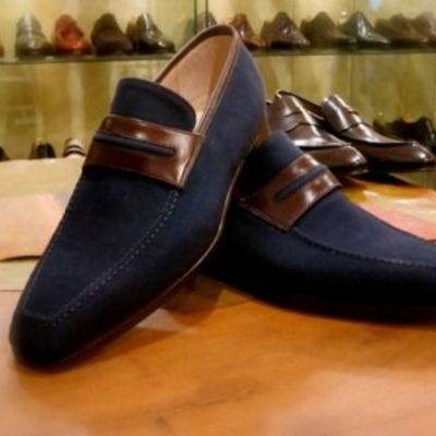 Navy blue suede classic formally wear hand stitch penny loafer slips on shoes, men's handmade moccasin shoes