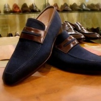 NAVY BLUE SUEDE CLASSIC FORMALLY WEAR HAND STITCH PENNY LOAFER SLIPS ON SHOES, MEN'S HANDMADE MOCCASIN SHOES - Thumbnail 1