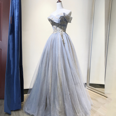 Blue tulle sequins long prom dress evening dress - Thumbnail 3