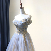 Blue tulle sequins long prom dress evening dress - Thumbnail 1