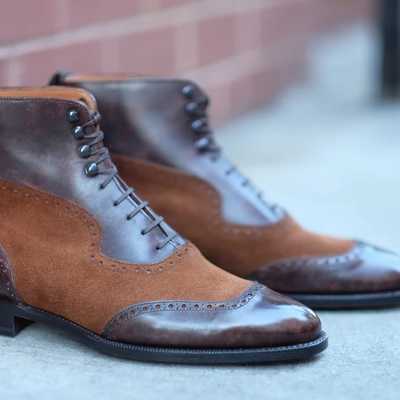 Handmade brown square toe ankle lace up leather suede boot,men's dress boot - Thumbnail 3