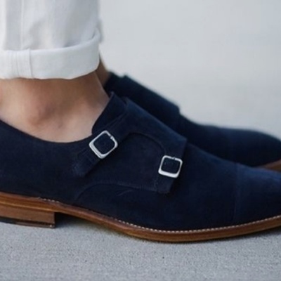 Luxury decent navy blue double monk strap cap toe suede formal wear shoes for men