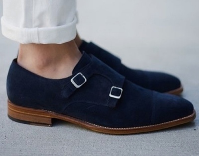 Luxury Decent Navy Blue Double Monk Strap Cap Toe Suede Formal Wear Shoes For Men