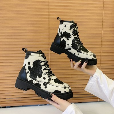 Vintage style leather cow pattern ankle boots - Thumbnail 2