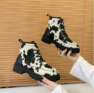 Vintage Style Leather Cow Pattern Ankle Boots