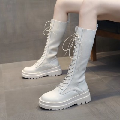 Lace up mid calf black and beige boots - Thumbnail 4