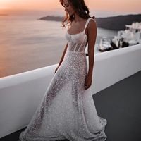 2021 New Fashion Sparkly A Line Scoop Neck Sequins Wedding Dress Beach Wedding Dress - Thumbnail 3