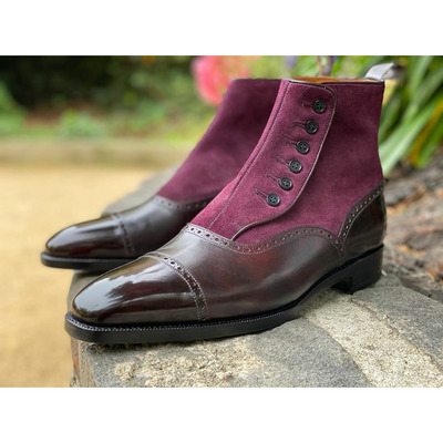 Handmade men purple leather and suede ankle boots with buttoned closure - Thumbnail 1