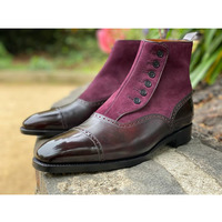 Handmade Men Purple Leather and Suede Ankle Boots With Buttoned Closure - Thumbnail 1