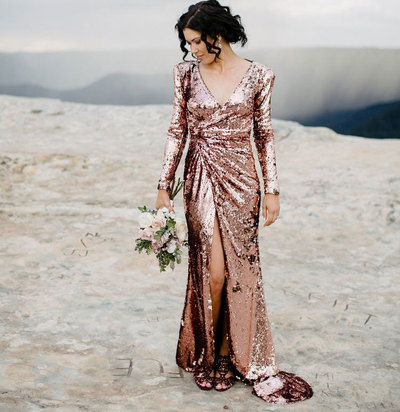 Rose Gold Backless Prom Dresses V Neck Backless