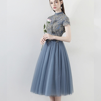 Blue lace short prom dress A line homecoming dress - Thumbnail 1