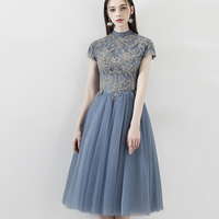 Blue lace short prom dress A line homecoming dress - Thumbnail 3