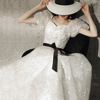 Shiny white puff sleeve prom dress A line evening dress - Thumbnail 3