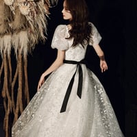 Shiny white puff sleeve prom dress A line evening dress - Thumbnail 4