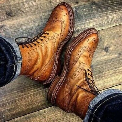 Handmade men tan brogue ankle boots with laceup closure, biker boots for men - Thumbnail 1