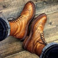 Handmade Men Tan Brogue Ankle Boots with laceup closure, Biker Boots for Men - Thumbnail 4
