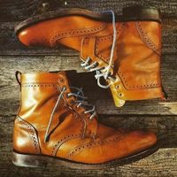 Tan Brogue Style Ankle Boots for Men, Biker Boots for Men, Handmade Leather Boot - Thumbnail 1