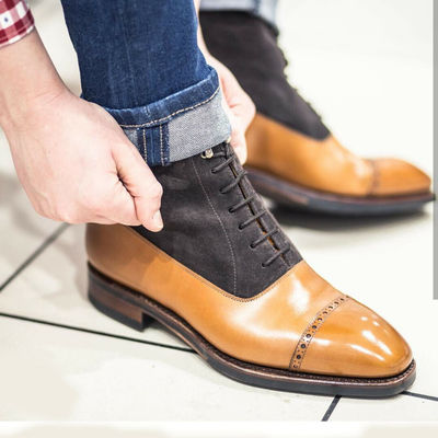 Handmade men's tan leather black suede high ankle lace up two tone boots - Thumbnail 1