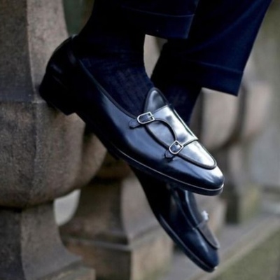 Stylish new black double monk strap leather christmas wedding shoes 