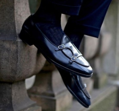 Stylish New Black Double Monk Strap Leather Christmas Wedding Shoes 