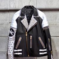 Men Black and White Leather Jacket with studs, Two Tone Leather Jacket in Rock Punk Style for Racers and Bikers - Thumbnail 4