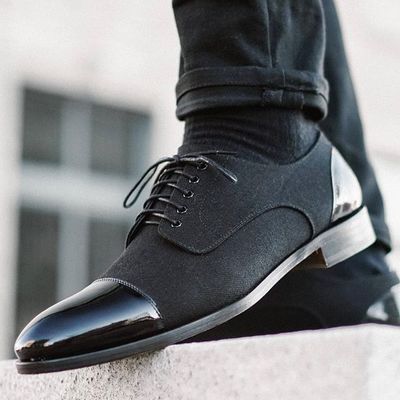 Men’s handmade black cap toe formal shoes, mens leather & denim lace up shoes