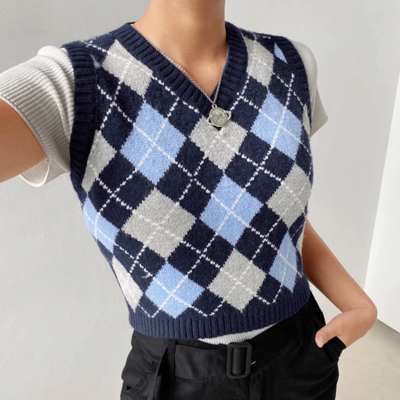 Free shipping-90s blue argyle vest sweater - Thumbnail 3