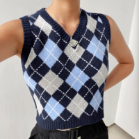 Free Shipping-90s BLUE ARGYLE VEST SWEATER - Thumbnail 1