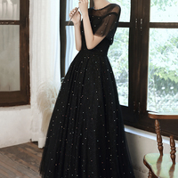 Black A line tulle long prom dress black evening dress - Thumbnail 2