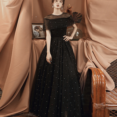 Black a line tulle long prom dress black evening dress - Thumbnail 5