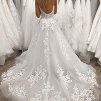 Elegant A-Line Sweetheart Open Back White Tulle Lace Wedding Dresses - Thumbnail 1