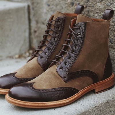 Classic looks camel leather suede contrast handmade ankle high wing tip leather boot - Thumbnail 3