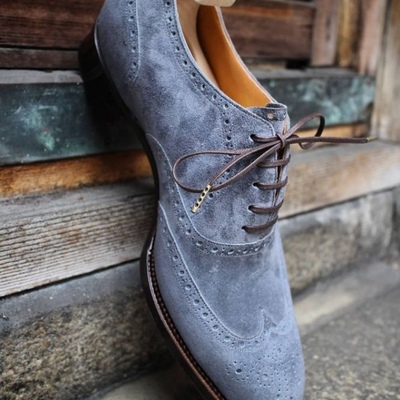 Classic oxfords grey wingtip brogue handmade lace up suede office wear shoes - Thumbnail 4