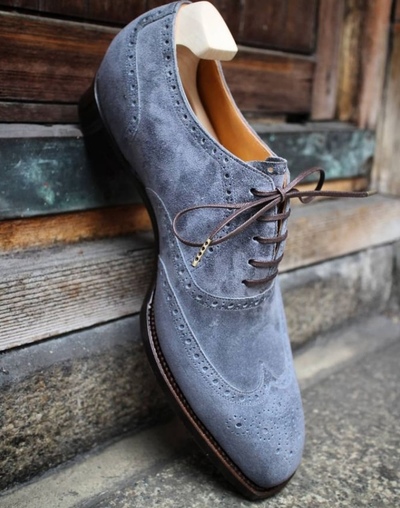 Classic Oxfords Grey Wingtip Brogue Handmade Lace Up Suede Office Wear Shoes
