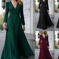 Elegant V Neck Belted Long Dress - Thumbnail 1