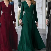 Elegant V Neck Belted Long Dress - Thumbnail 2