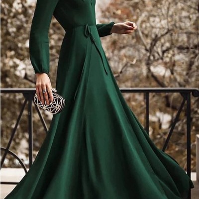 Elegant v neck belted long dress - Thumbnail 3