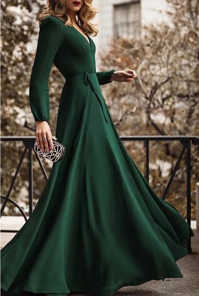 Elegant V Neck Belted Long Dress