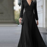 Elegant V Neck Belted Long Dress - Thumbnail 5