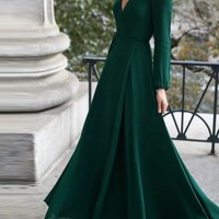 Elegant V Neck Belted Long Dress - Thumbnail 6