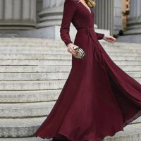 Elegant V Neck Belted Long Dress - Thumbnail 4