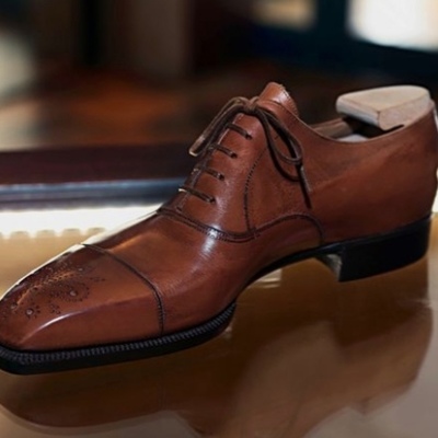 Classic brown cap toe brogue christmas shoes,genuine leather lace up gift shoes - Thumbnail 2