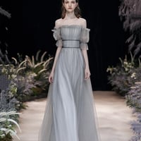 Grey tulle long prom dress grey evening dress - Thumbnail 1