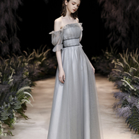 Grey tulle long prom dress grey evening dress - Thumbnail 2