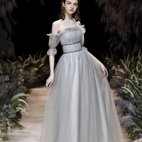 Grey tulle long prom dress grey evening dress - Thumbnail 3