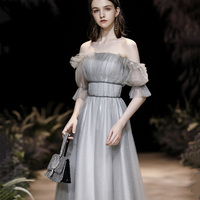Grey tulle long prom dress grey evening dress - Thumbnail 4
