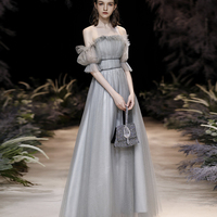 Grey tulle long prom dress grey evening dress - Thumbnail 6